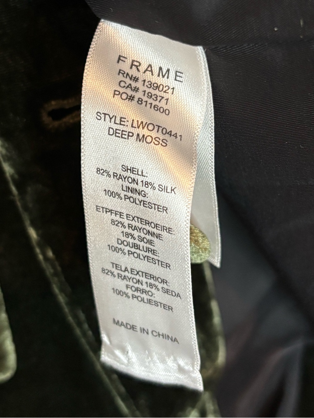 Frame Deep Moss Green Crushed Velvet Single Button Blazer 8 - Picture 10 of 12